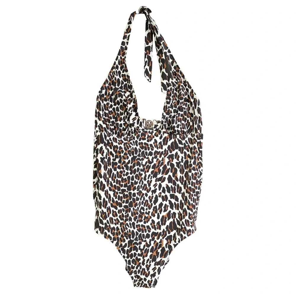 Tory Burch Leopard Print One Piece Swimsuit Womens‎ Medium Brown Excellent Logo